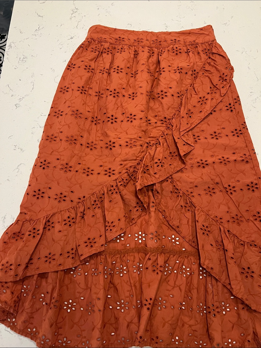 Eyelet Ruffle High-Low Skirt - Rust Orange
